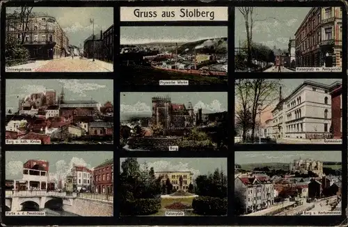 Passepartout Ak Stolberg im Rheinland, Prymsche Werke, Gymnasium, Burg, Kirche, Strassenansicht