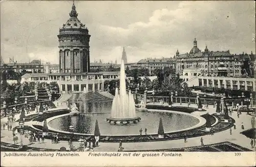 Ak Mannheim in Baden Württemberg, Friedrichsplatz mit der grossen Fontäne, Jubiläumsausstellung