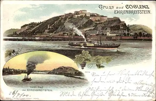 Litho Ehrenbreitstein Koblenz in Rheinland Pfalz, Dampferpartie mit Blick zum Ort