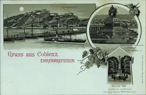Mondschein Litho Ehrenbreitstein Koblenz in Rheinland Pfalz, Blick auf den Ort, Denkmäler