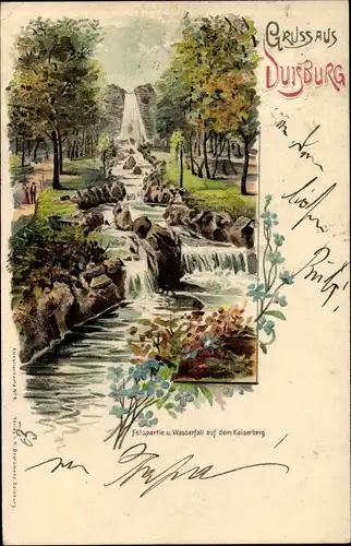 Künstler Litho Duisburg im Ruhrgebiet, Felspartie und Wasserfall auf dem Kaiserberg