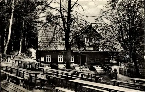 Ak Waschleithe Grünhain Beierfeld Sachsen, Köhlerhütte Fürstenbrunn, Terrasse