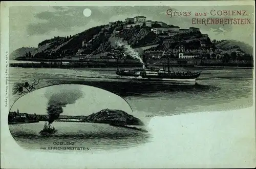 Mondschein Litho Ehrenbreitstein Koblenz in Rheinland Pfalz, Flusspanorama, Dampfer, Festung