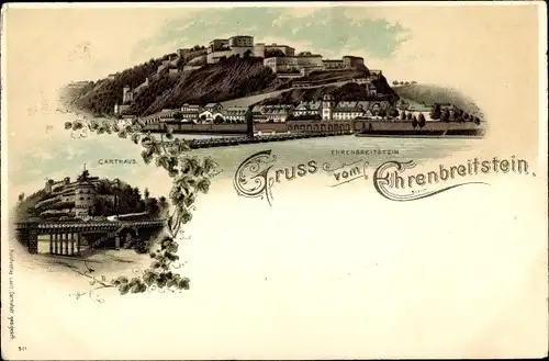 Litho Ehrenbreitstein Koblenz in Rheinland Pfalz, Gesamtansicht, Carthaus, Brücke