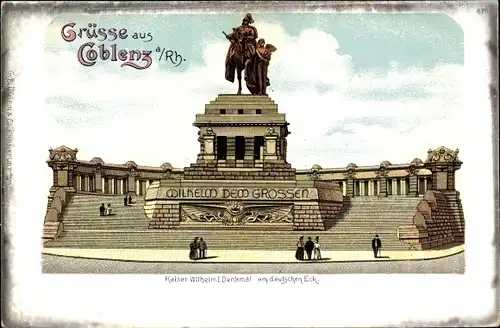 Litho Koblenz in Rheinland Pfalz, Denkmal für Kaiser Wilhelm I. am deutschen Eck