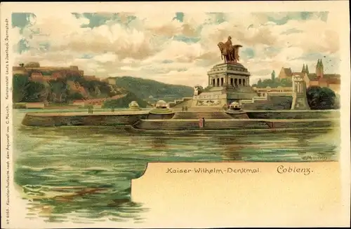 Künstler Litho Münch, C., Koblenz in Rheinland Pfalz, Kaiser Wilhelm Denkmal, Deutsches Eck