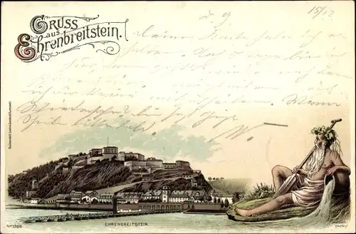 Litho Ehrenbreitstein Koblenz in Rheinland Pfalz, Gesamtansicht mit der Festung, Schiffsbrücke