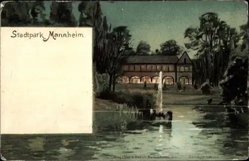 Litho Mannheim in Baden Württemberg, Abendstimmung im Stadtpark, Teich, Gasthaus