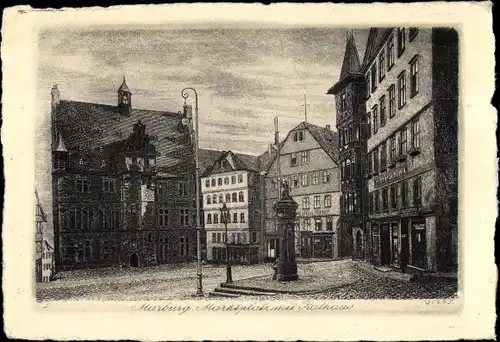 Künstler Ak Marburg an der Lahn, Marktplatz mit Rathaus, Zum alten Ritter, Geschäfte