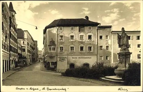 Ak Laufen Salzach im Berchtesgadener Land, St. Rupertusplatz, Geschäft von Hans Kornhammer, Denkmal