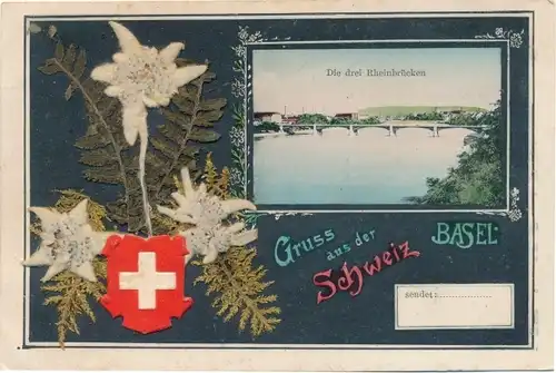 Material Ak Bâle Basel Stadt Schweiz, Die drei Rheinbrücken, Edelweiß Blüten