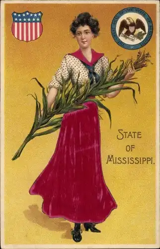 Präge Stoff Ak Mississippi USA, The Great Seal of the State, Lady holding Maize, Frau, Mais