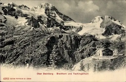 Ak Stechelberg Kt. Bern Schweiz, Blick auf Hotel Obersteinberg mit Breithorn und Tschingelkhorn