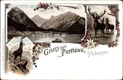 Litho Pertisau Eben Achensee Tirol, Panorama, Hirsche, Gemse