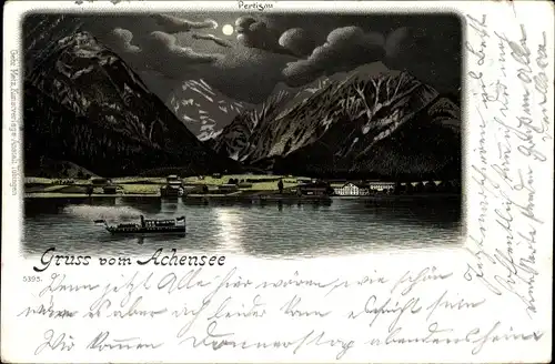 Mondschein Litho Pertisau Eben Achensee Tirol, Blick über den See im Mondlicht, Dampfer
