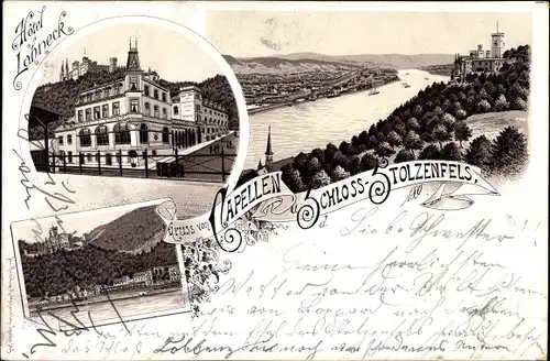 Vorläufer Litho Stolzenfels Koblenz, Kapellen, Schloss Stolzenfels, Panorama, Hotel Lahneck
