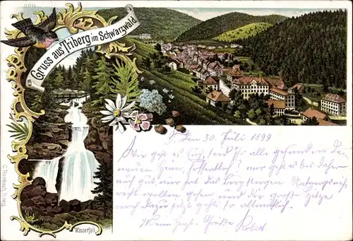 Litho Triberg im Schwarzwald, Talblick auf den Ort, Wasserfall