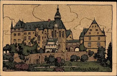 Steindruck Ak Marburg an der Lahn, Blick auf das Schloss