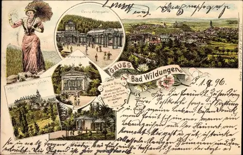 Litho Bad Wildungen, Georg Victor Quelle, Helenenquelle, Königsquelle, Schloss Friedrichstein