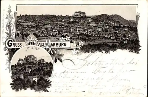 Litho Marburg an der Lahn, Gesamtansicht der Stadt, Schloss