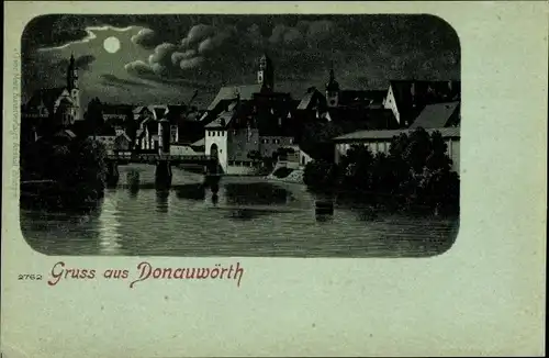Mondschein Litho Donauwörth im schwäbischen Kreis Donau Ries, Flusspartie, Brücke