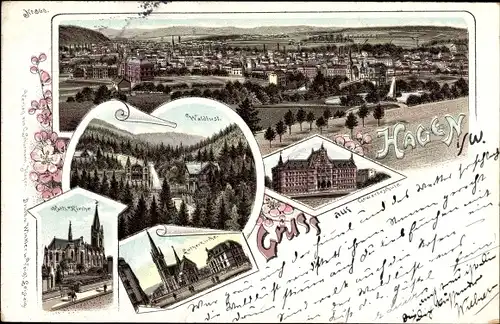 Litho Hagen in Westfalen Ruhrgebiet, Waldlust, Gewerbeschule, Lutherkirche, Kath. Kirche