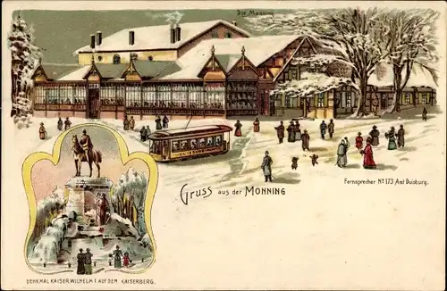 Litho Duisburg im Ruhrgebiet, Monning, Gastwirtschaft, Winter, Straßenbahn, Kaiserberg, Denkmal