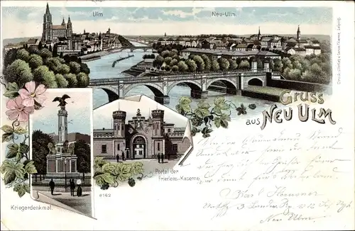 Litho Neu-Ulm in Schwaben, Panorama, Brücke, Kriegerdenkmal, Portal der Friedenskaserne