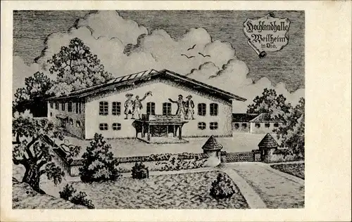 Künstler Ak Weilheim in Oberbayern, Hochlandhalle, Außenansicht