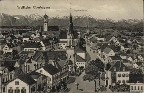 Künstler Ak Weilheim Oberbayern, Kirche, Konditorei, Blick über die Dächer der Stadt