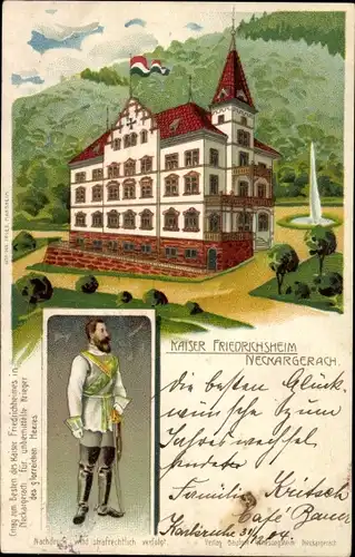 Litho Neckargerach Baden Württemberg, Kaiser Friedrichsheim, Standbild Kaiser Friedrich