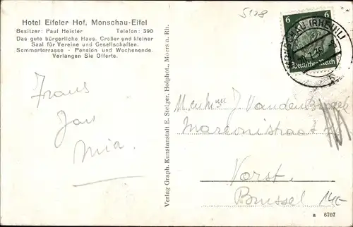 Ak Monschau Montjoie in der Eifel, Hotel Eifeler Hof, Inh. Paul Heister