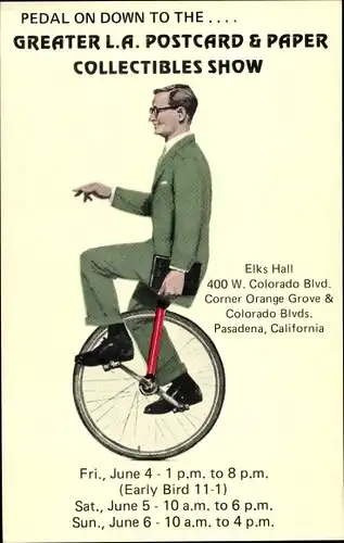 Ak Los Angeles Postcard & Paper Collectibles Show, Elks Hall, Unicycle, Einrad