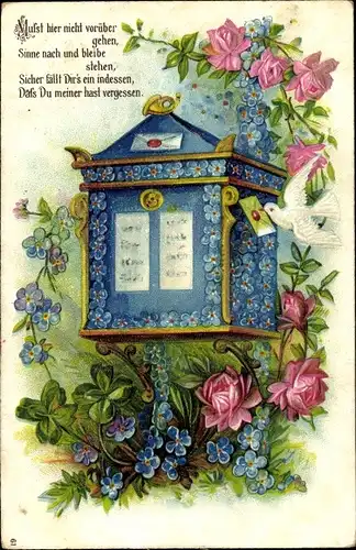 Präge Ak Briefkasten, Taube mit Brief im Schnabel, Blumen