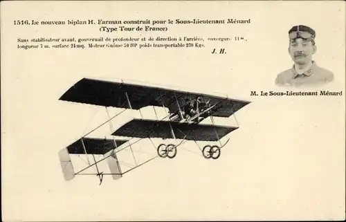Ak Biplan H. Farman construit pour le Sous Lieutenant Ménard, Type Tour de France, Flugpionier