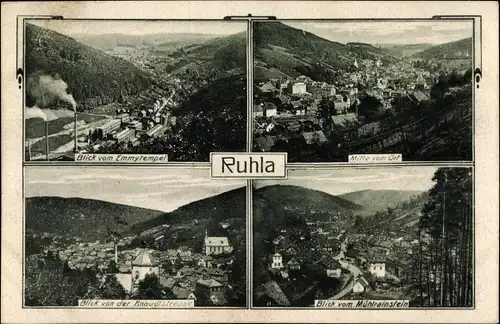Passepartout Ak Ruhla in Westthüringen, Ausblicke vom Emmytempel, Mühlrainstein und Knaudtstraße