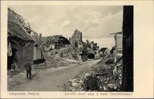 Ak Langemark Poelkapelle Westflandern, Zerstört durch engl. und franz. Geschützfeuer, I. WK