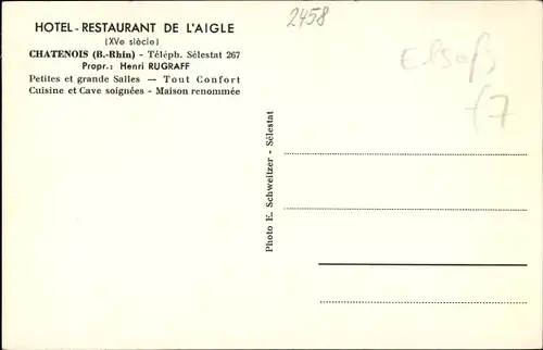 Ak Châtenois Kestenholz Elsass Bas Rhin, Hotel Restaurant de l'Aigle, Propr. Henri Rugraff