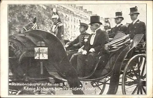 Ak Staatsoberhäupter auf Reisen, König Alfons XIII von Spanien beim Präsident Loubet