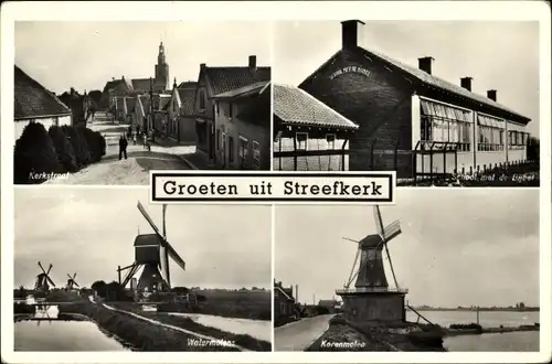 Ak Streefkerk Molenwaard Südholland Niederlande, Kerkstraat, School, Watermolens, Korenmolen