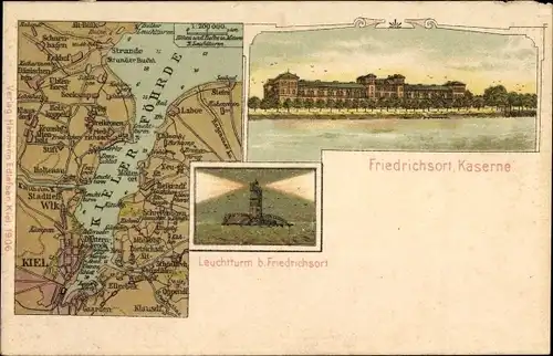 Landkarten Litho Friedrichsort Kiel in Schleswig Holstein, Kaserne, Leuchtturm, Kieler Förde
