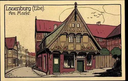 Steindruck Ak Lauenburg an der Elbe, Am Markt, Ältestes Haus