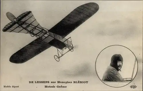 Ak De Lesseps sur Monoplan Blériot, Moteur Gnôme, Flugzeug, Pilot, Flugpionier