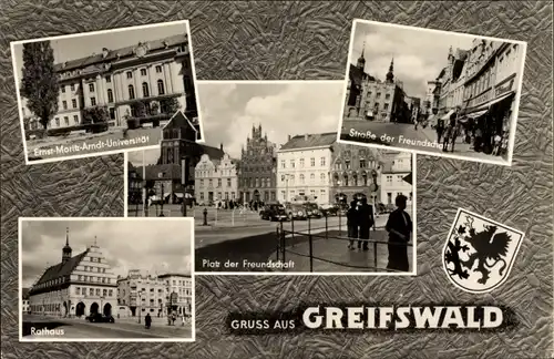 Passepartout Wappen Ak Greifswald in Mecklenburg Vorpommern, Universität, Strassenansicht, Rathaus