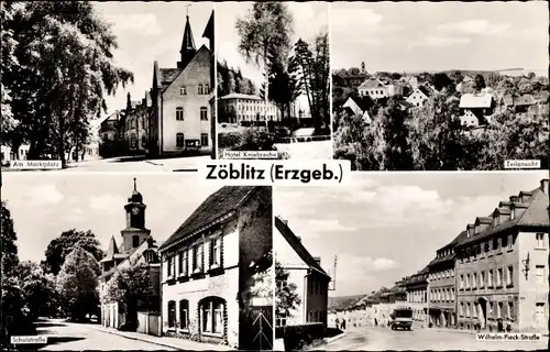 Ak Zöblitz Marienberg im Erzgebirge Sachsen, Marktplatz, Hotel Kniebreche, Teilansicht, Schulstraße