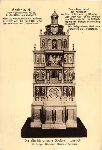Ak Goslar in Niedersachsen, Die alte historische Goslarer Kunst Uhr, Bildhauer Hermann Wecken