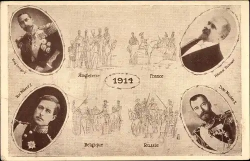 Ak König George V., President Poincaré, König Albert I., Zar Nikolaus II., 1914, Verbündete im I. WK