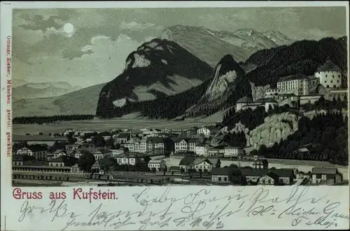 Mondschein Litho Kufstein in Tirol, Teilansicht der Stadt mit Blick auf die umliegenden Berge