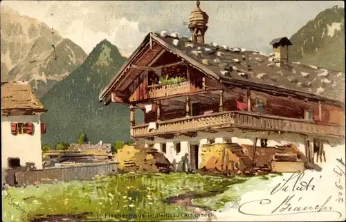 Künstler Litho Schmohl, P., Pertisau Eben am Achensee in Tirol, Erstes Fischerhaus mit Umgebung