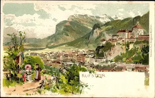 Künstler Litho Heimsch, Kufstein in Tirol, Stadtpanorama, Frauen beim Spaziergang